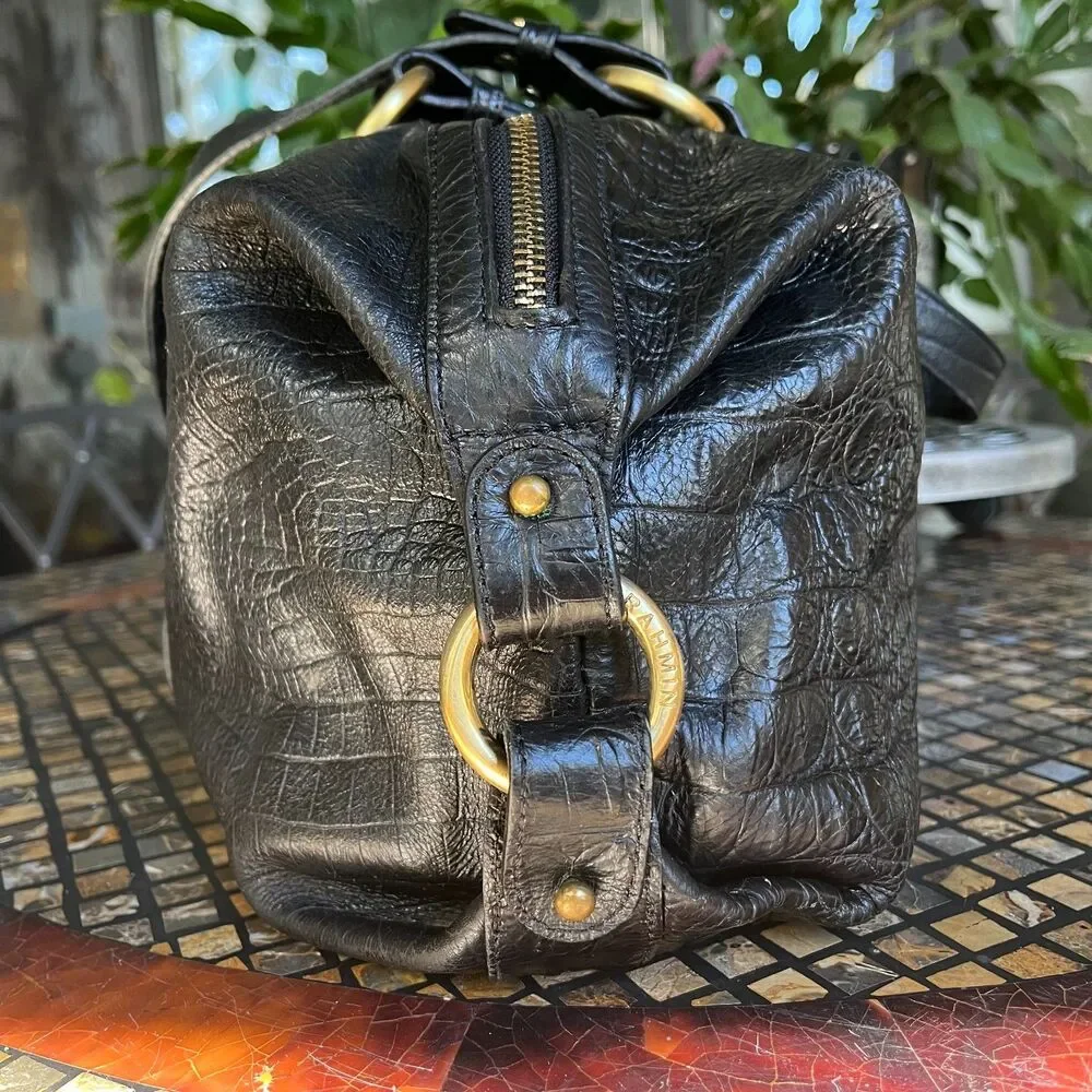 Brahmin Womens Croc-Embossed Melbourne Black Satchel Vintage Bag w/Eye